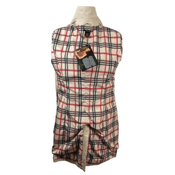IMAN Women's Trench Coat Medium Beige Cotton Belted Double Breasted Plaid Trim - Picture 8 of 13